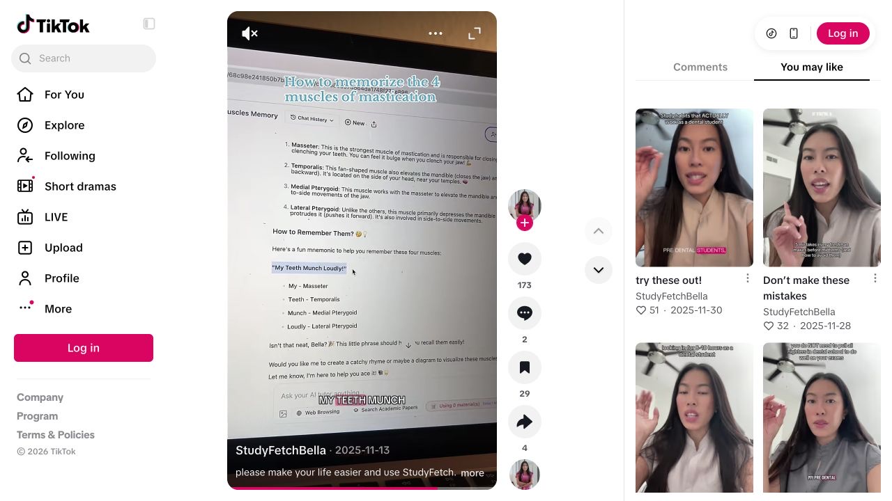 The StudyFetch chat interface on a filmed laptop, with an entered study question and a mnemonic answer.