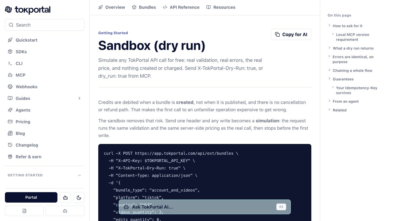 Official TokPortal sandbox documentation explaining the dry-run header and simulated requests.