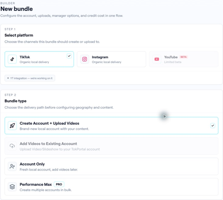 TokPortal bundle builder showing platform and account-plus-video choices.