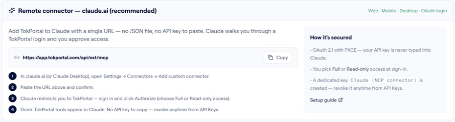 TokPortal connection screen with the remote MCP URL and Claude connection steps.