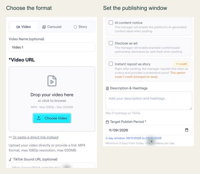 Two real TokPortal editor views showing media format, caption and target publishing period.